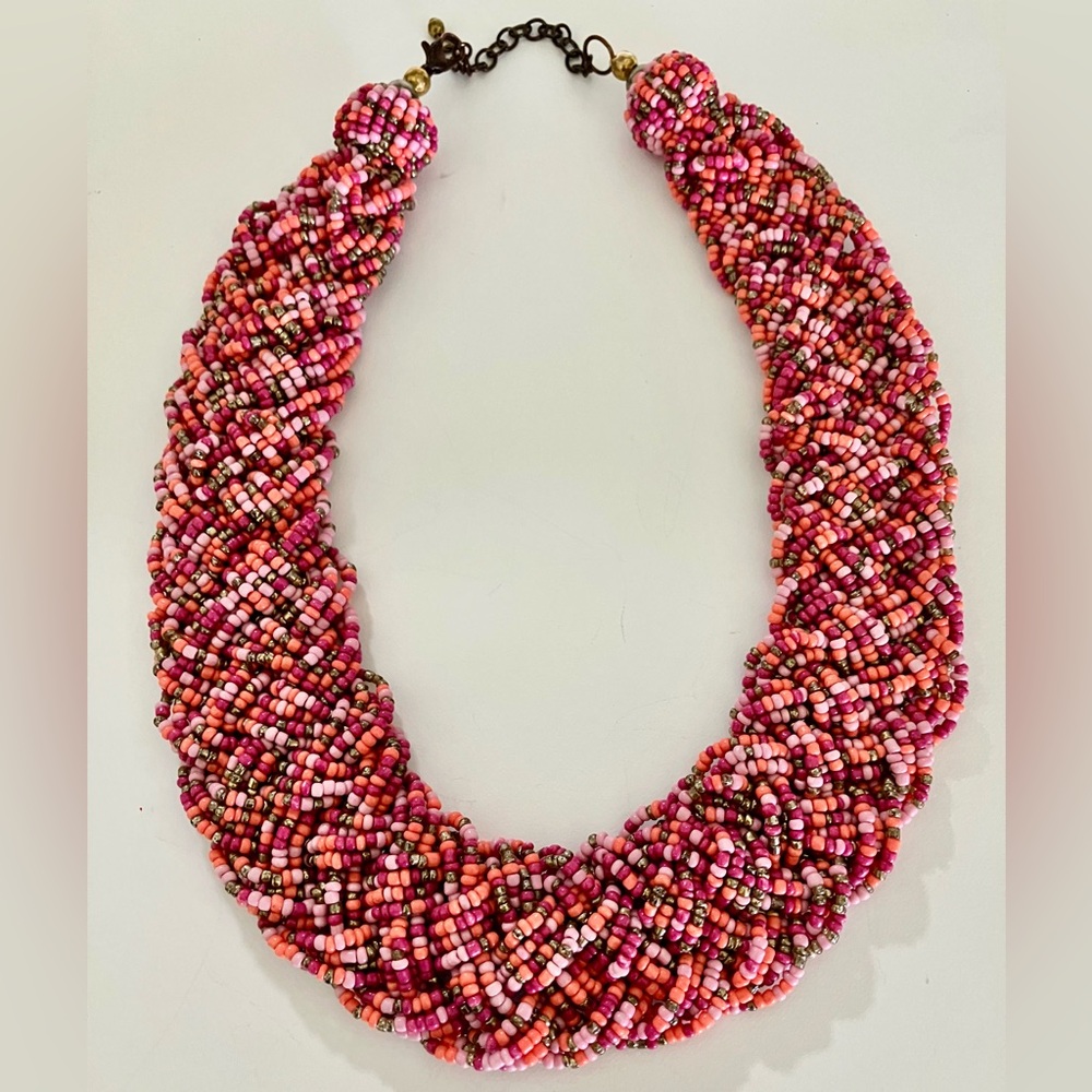 Estate Multistrand Seed Bead Braided Necklace, Stunning Coral, Pink and Gold.